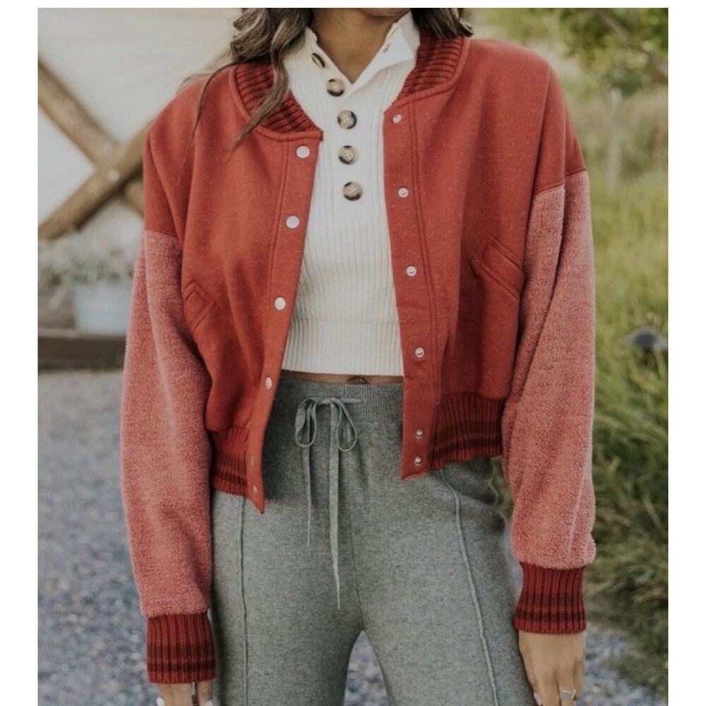 Free People Hollaback Bomber Jacket Snap Front Orange Spiced Brandy Sherpa Large - Picture 8 of 16